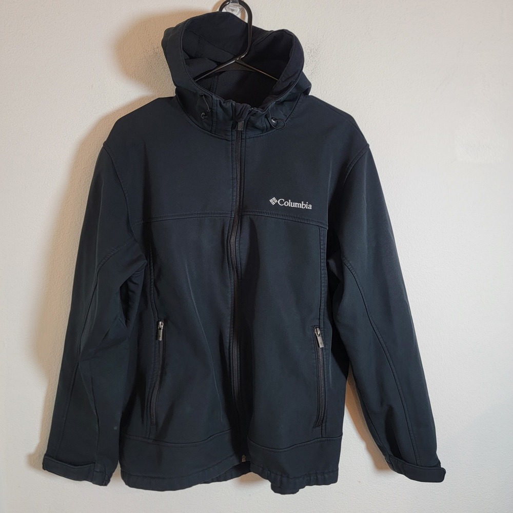 Columbia Large Black Full Zip Hooded Fleece Jacket Outdoor Casual Soft Shell Men